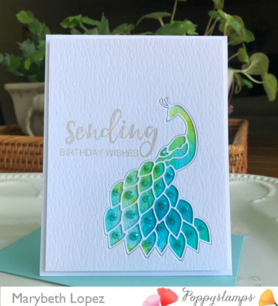 Karte von Poppy Stamps: Watercolored Plumed Peacock