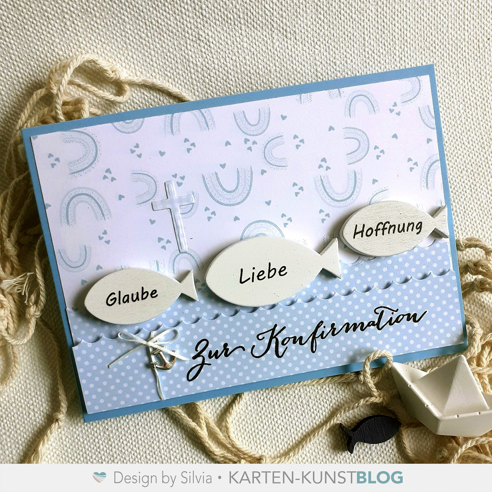 Konfirmationskarte mit Wellen, Holzfischen & Kreuz