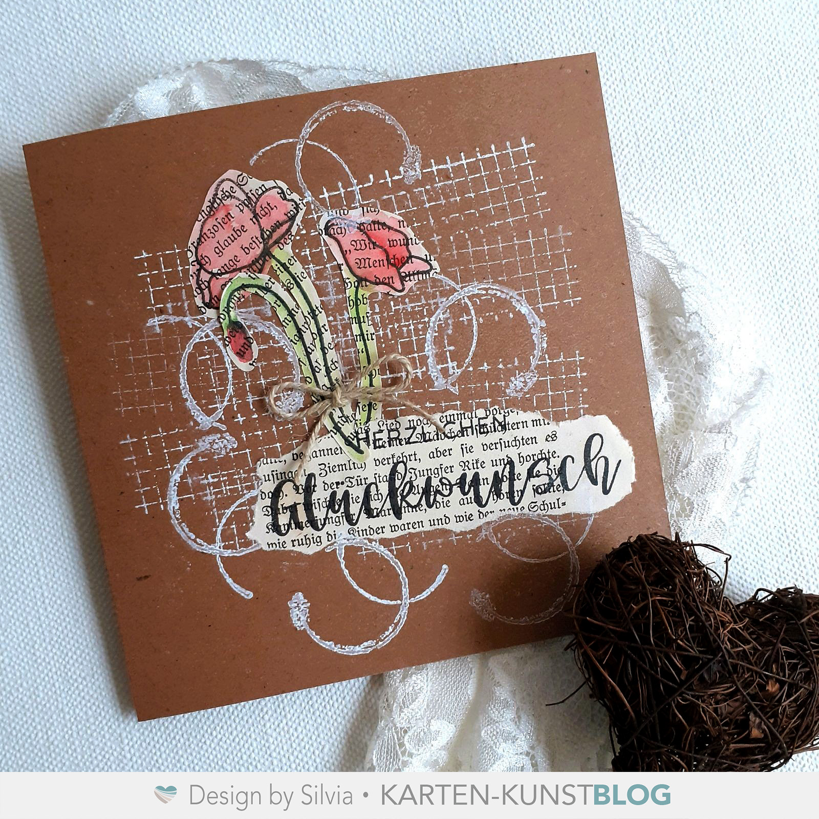 Vintage-Karte mit Buchseiten & Scribble-Mohnblumen