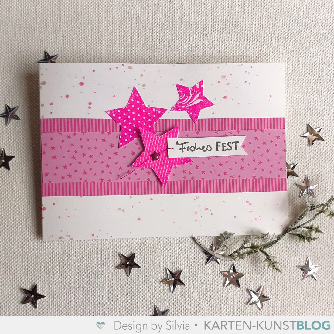Fröhliche Weihnachtskarte in Pink: Gemusterte Sterne nach #kkskizze027