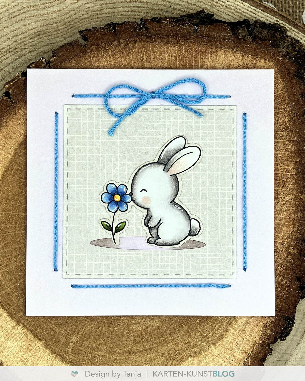 Eine quadratische Karte mit einem colorierten weißen Häschen, das an einer blauen Blume schnuppert. Ein hellgrüner Hintergrund und ein mit blauem Garn gestickter Rahmen setzen das Motiv in Szene.