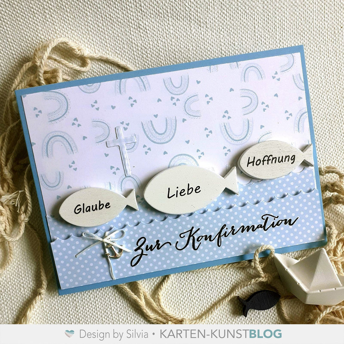 Konfirmationskarte mit Wellen, Holzfischen & Kreuz