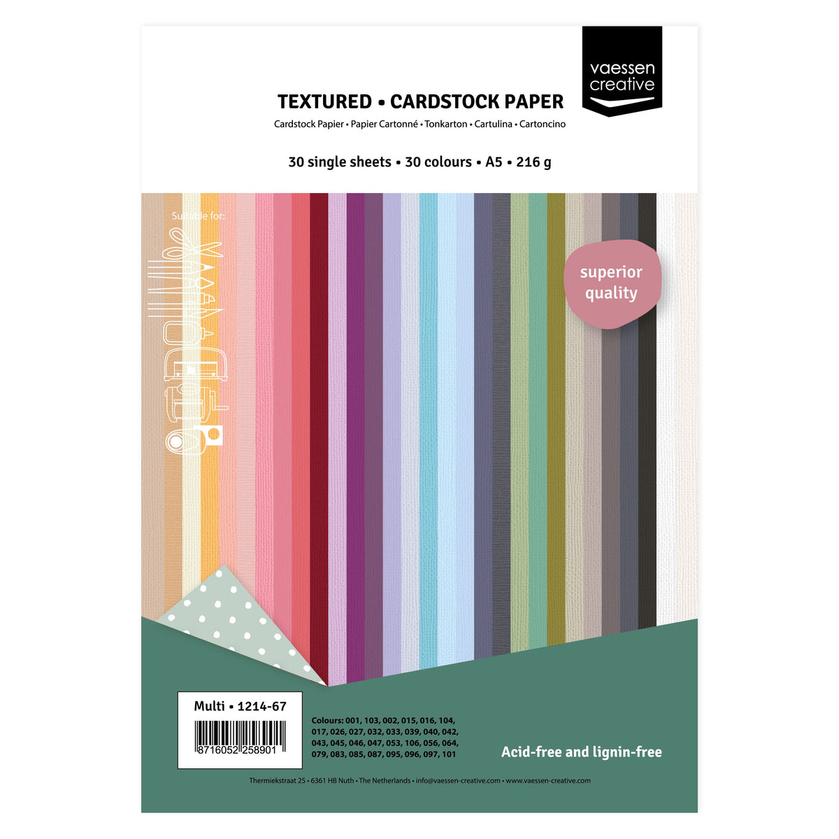 Vaessen Creative • Tonkarton 216g Textur A5 Sortiment 30x / Mehrfarbig – Bild 3
