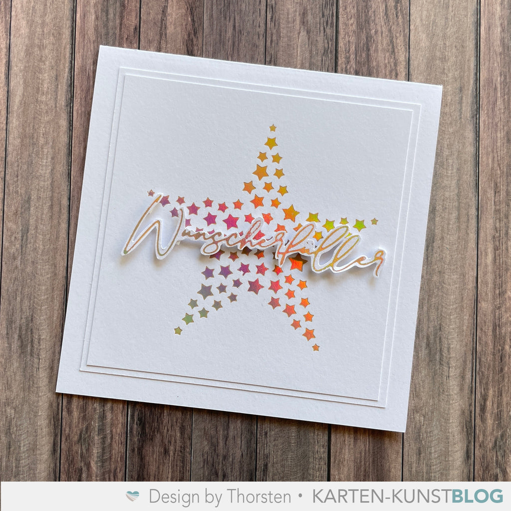 Blog Image for Schlichte Weihnachtskarte mit ausgeschnittenem Hot Foil Schriftzug und Sternenmotiv