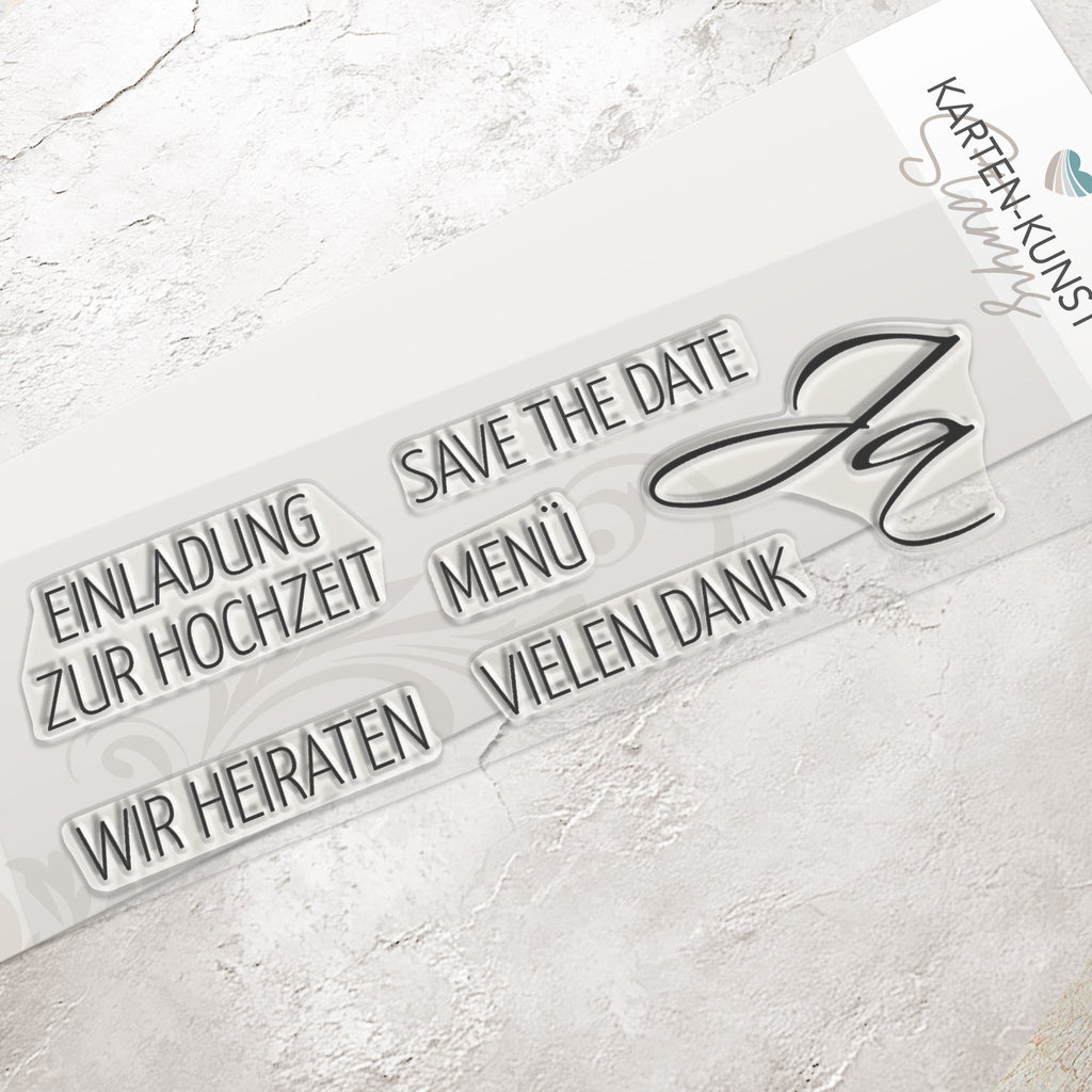 Stempel Hochzeit & Einladung Clear Stamps KK-0018 Textstempel Save the Date, Einladung zur Hochzeit, Wir heiraten, Menü, Vielen Dank, Ja