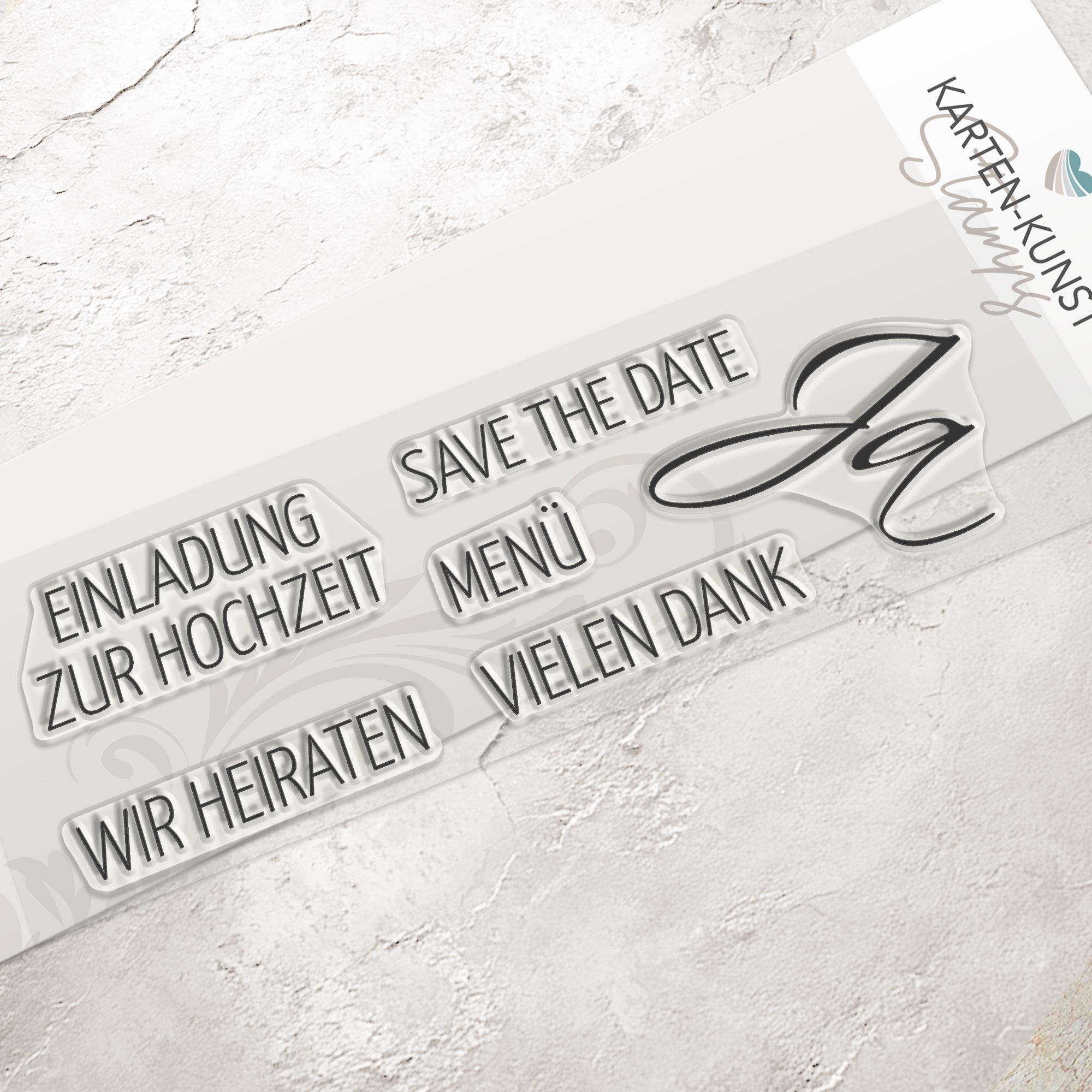 Stempel Hochzeit & Einladung Clear Stamps KK-0018 Textstempel Save the Date, Einladung zur Hochzeit, Wir heiraten, Menü, Vielen Dank, Ja