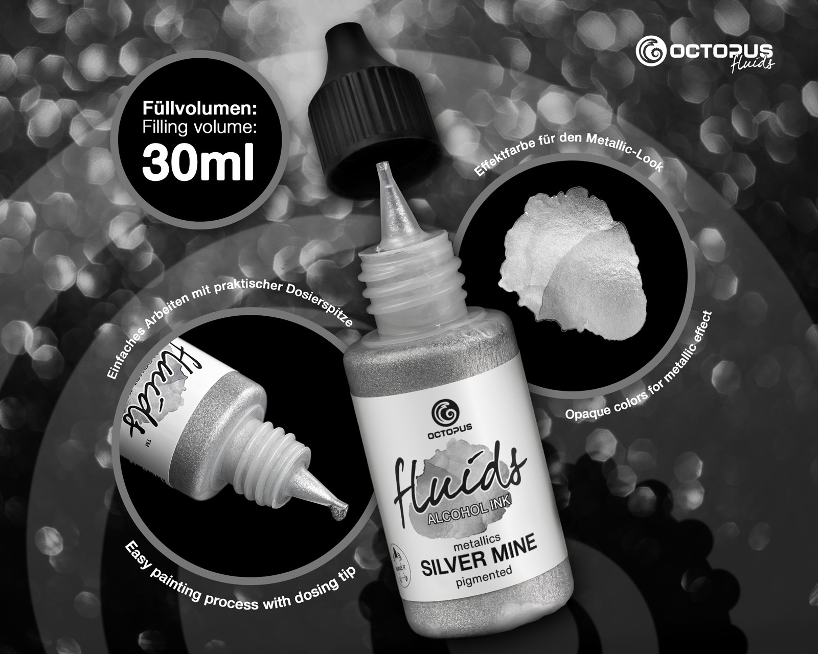 Octopus Fluids Alcohol Ink 30ml - Metallics Silver Mine